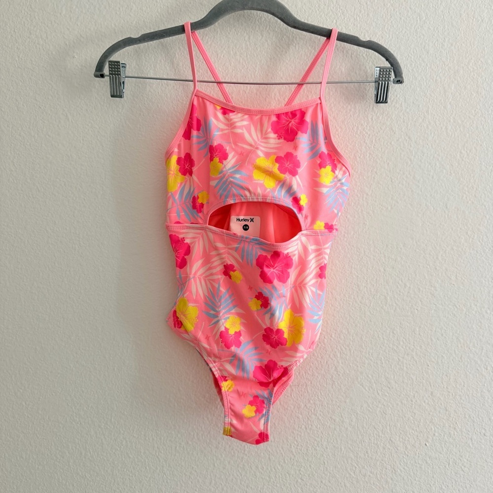 Hurley Youth Girls' Pink Floral Hawaiian Cut Out One Piece Swimsuit Size 7/8
